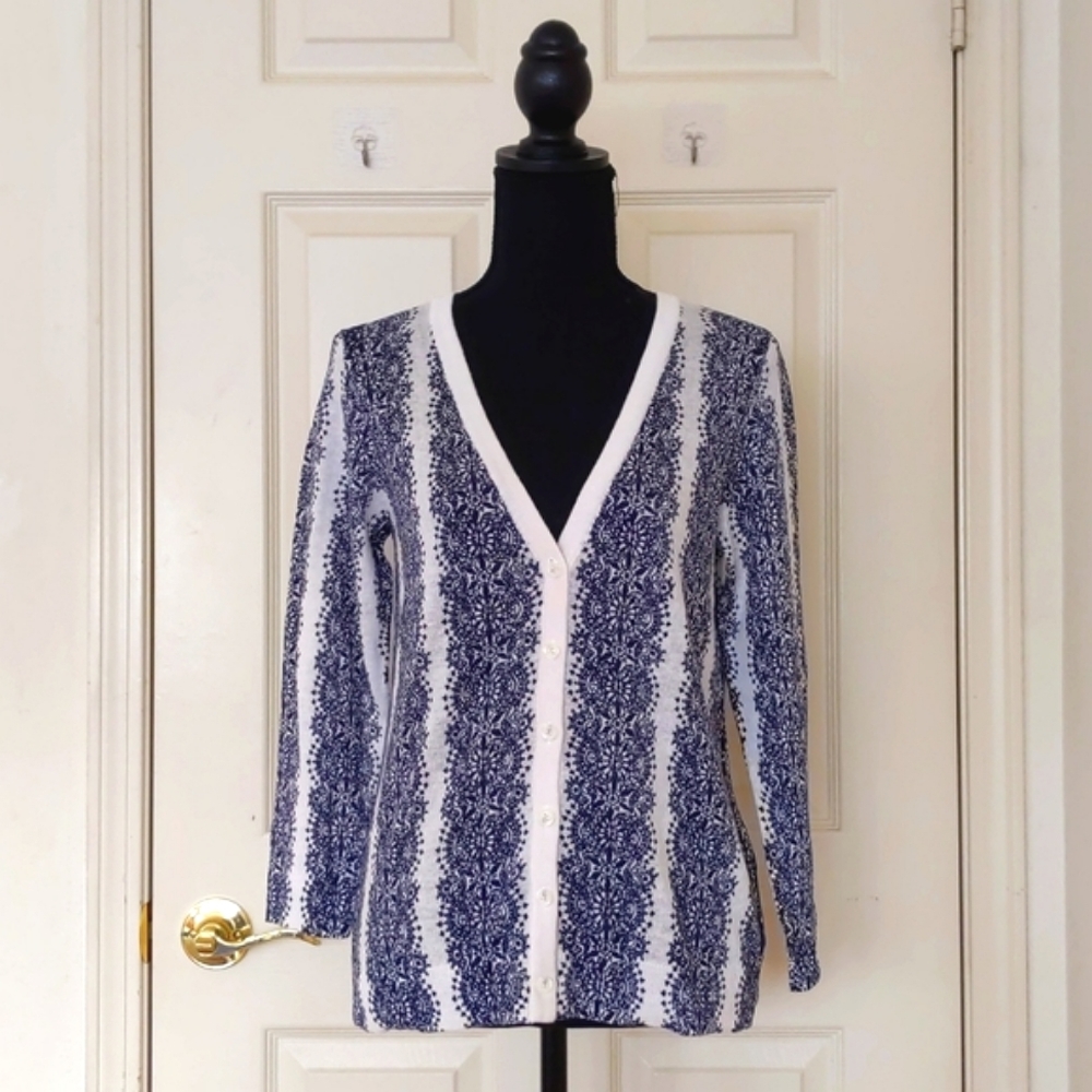 NWT. The Limited Linen Cotton Blue and White Floral 3/4 Sleeve Cardigan Sweater.